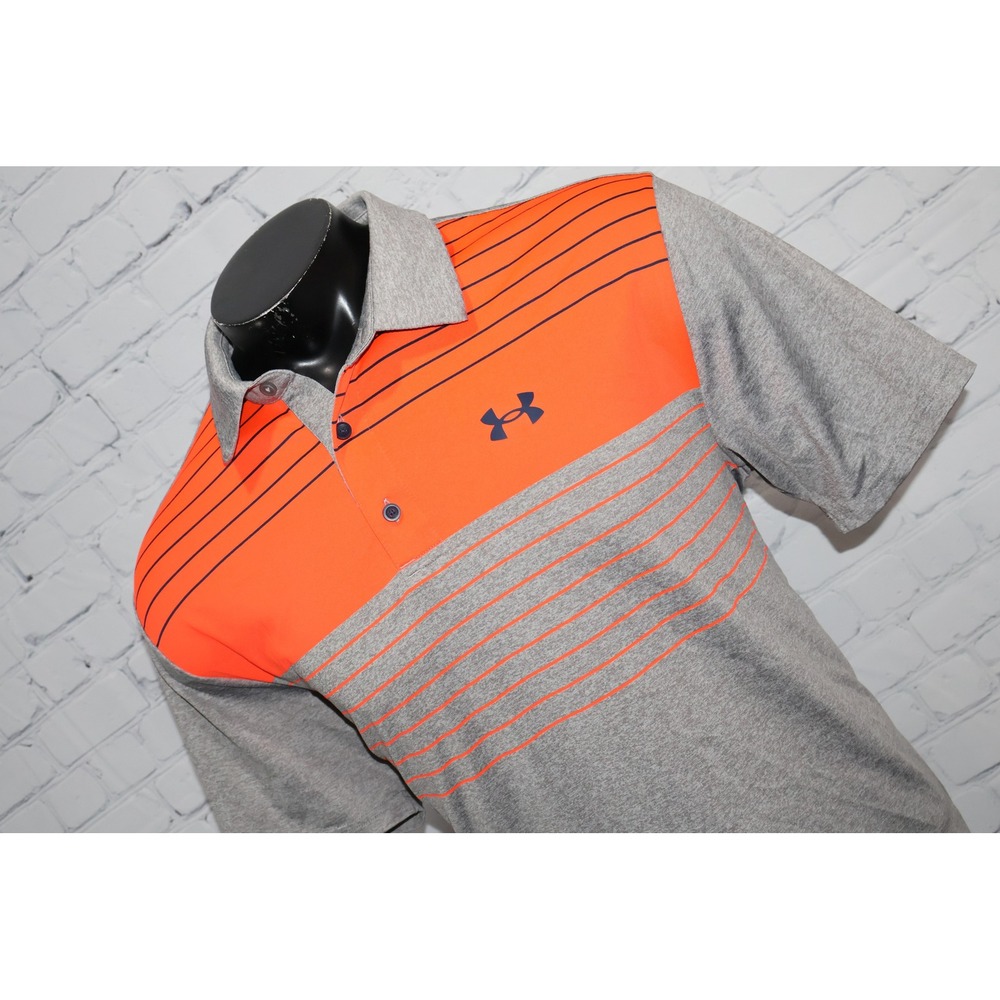 Under Armour The Playoff Polo Mens XL Gray Orange Striped Short Sleeve Shirt